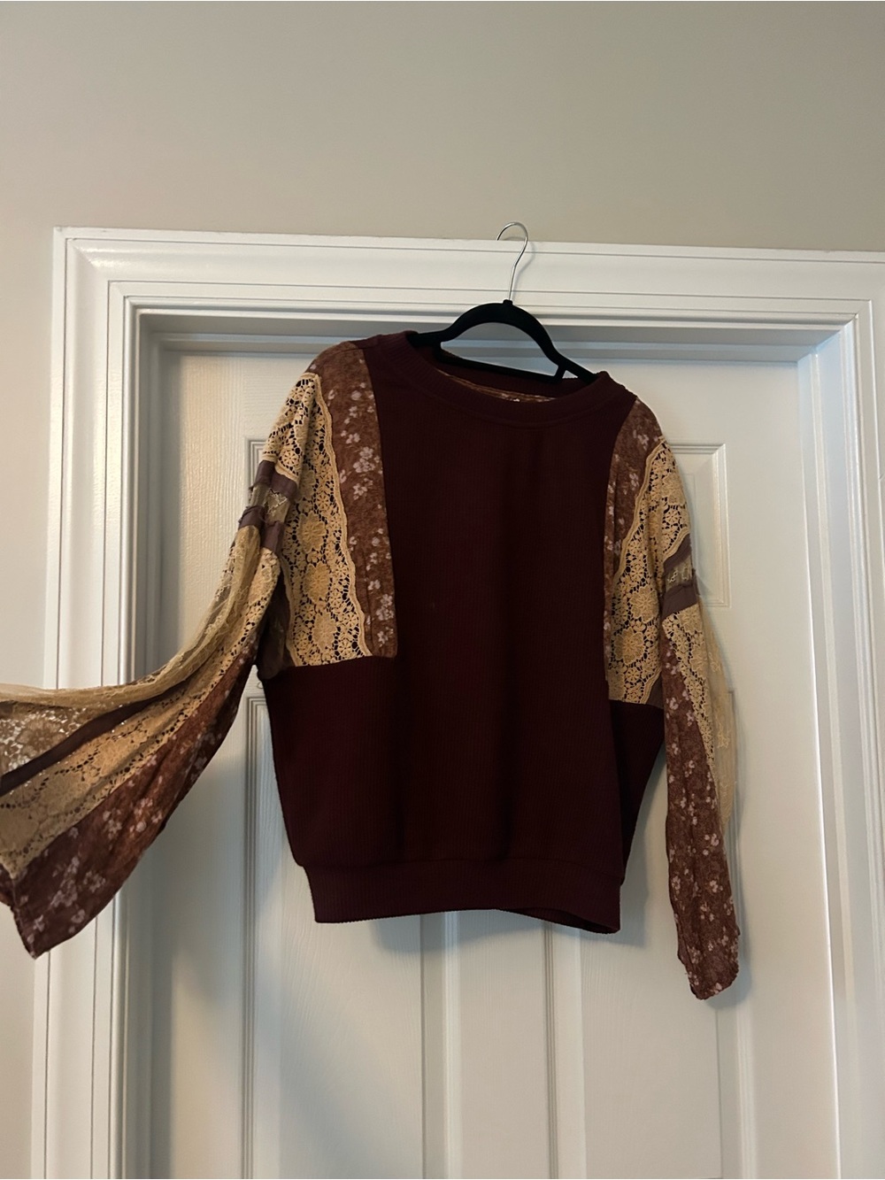 Women's Burgundy Crewneck Pullover Sweater with Patterned Sleeves
